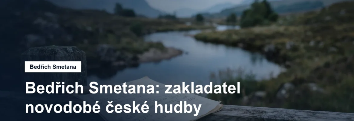 Řeka protékající krajinou a notový zápis
