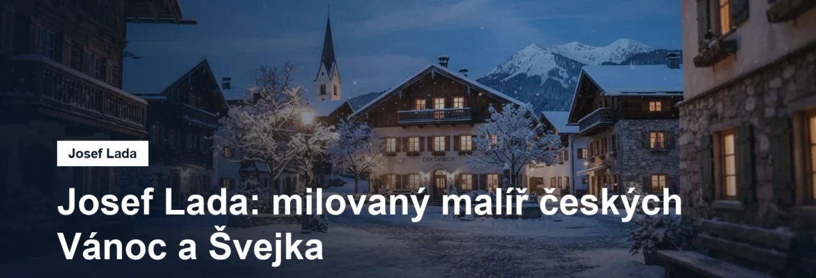 Zasněžená vesnická náves za soumraku