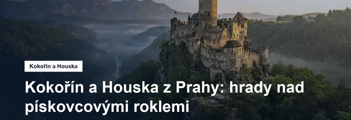 Hrad s vysokou věží na skalním ostrohu nad zalesněnou roklí