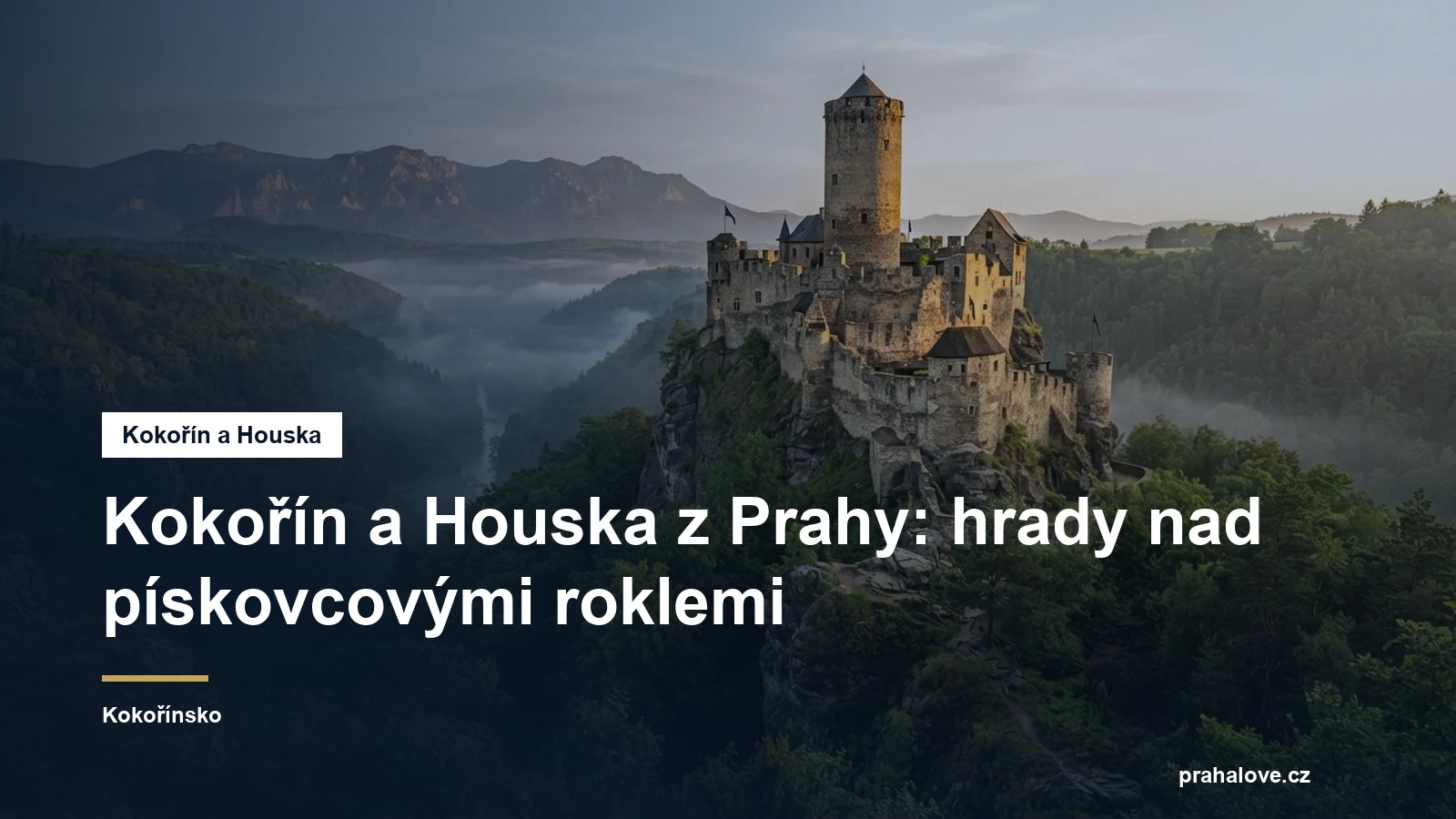Hrad s vysokou věží na skalním ostrohu nad zalesněnou roklí