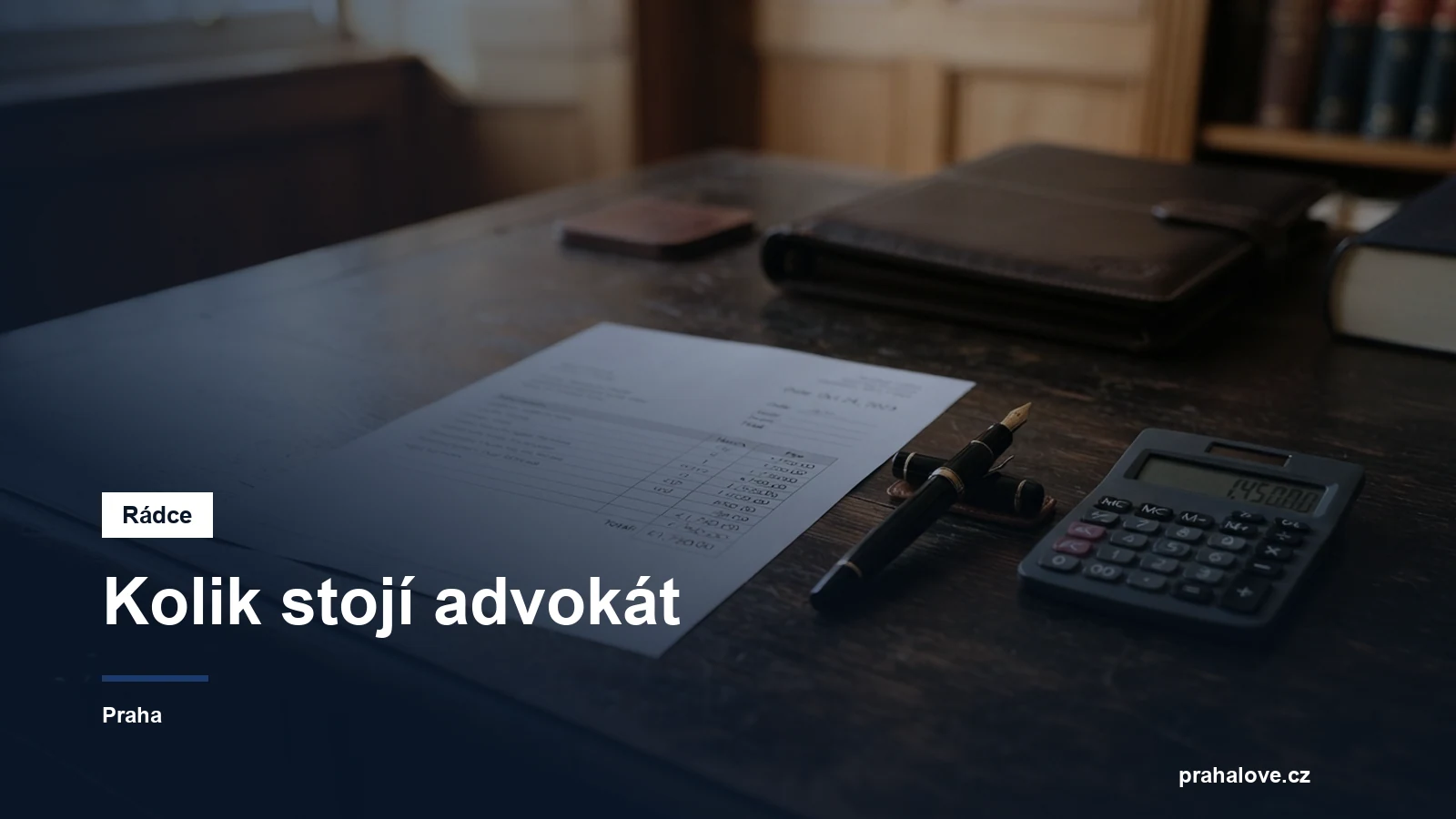 Stůl s vyúčtováním, kalkulačkou a plnicím perem v advokátní kanceláři