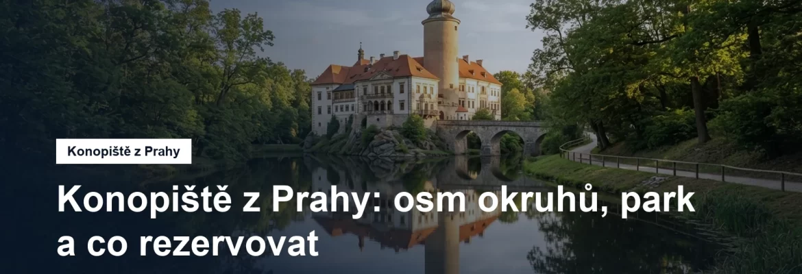 Zámek s věží nad hladinou rybníka a parkem