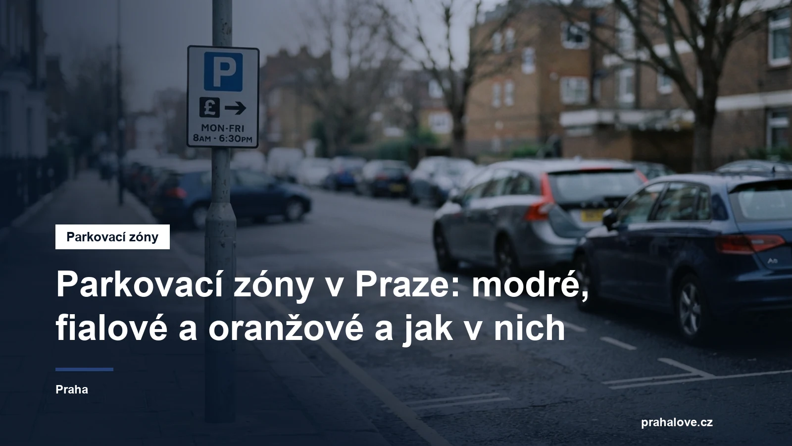 Značka zóny placeného stání u pražské ulice s parkujícími auty