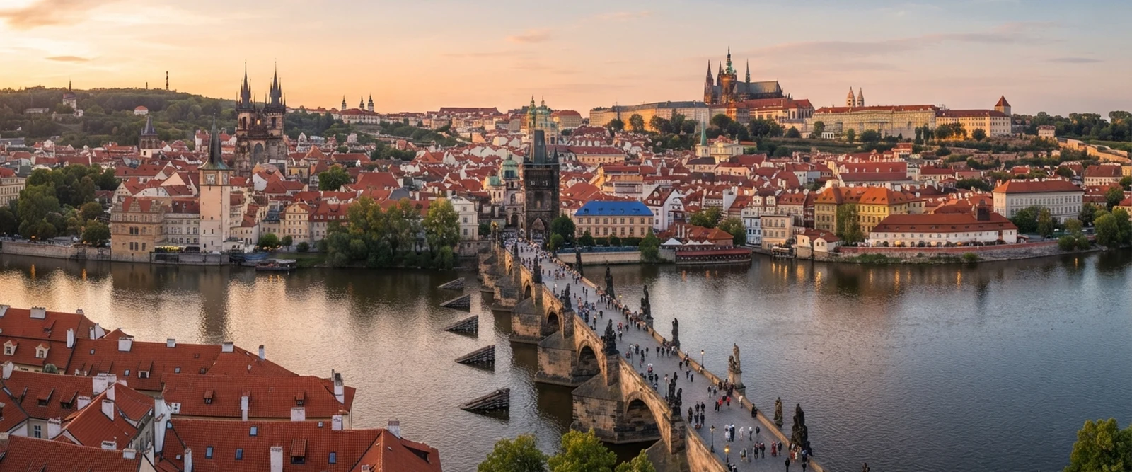 Panorama Prahy s Karlovým mostem a Pražským hradem