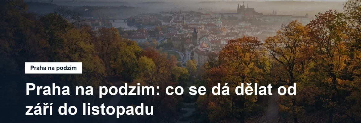 Podzimní park nad městem se žlutým listím a věžemi v pozadí