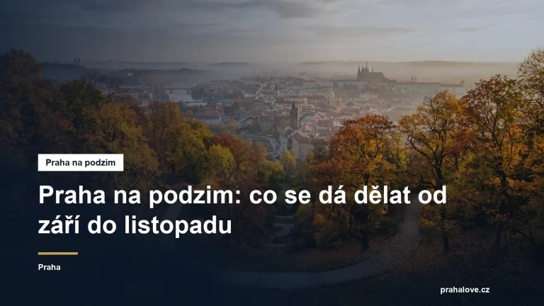 Podzimní park nad městem se žlutým listím a věžemi v pozadí