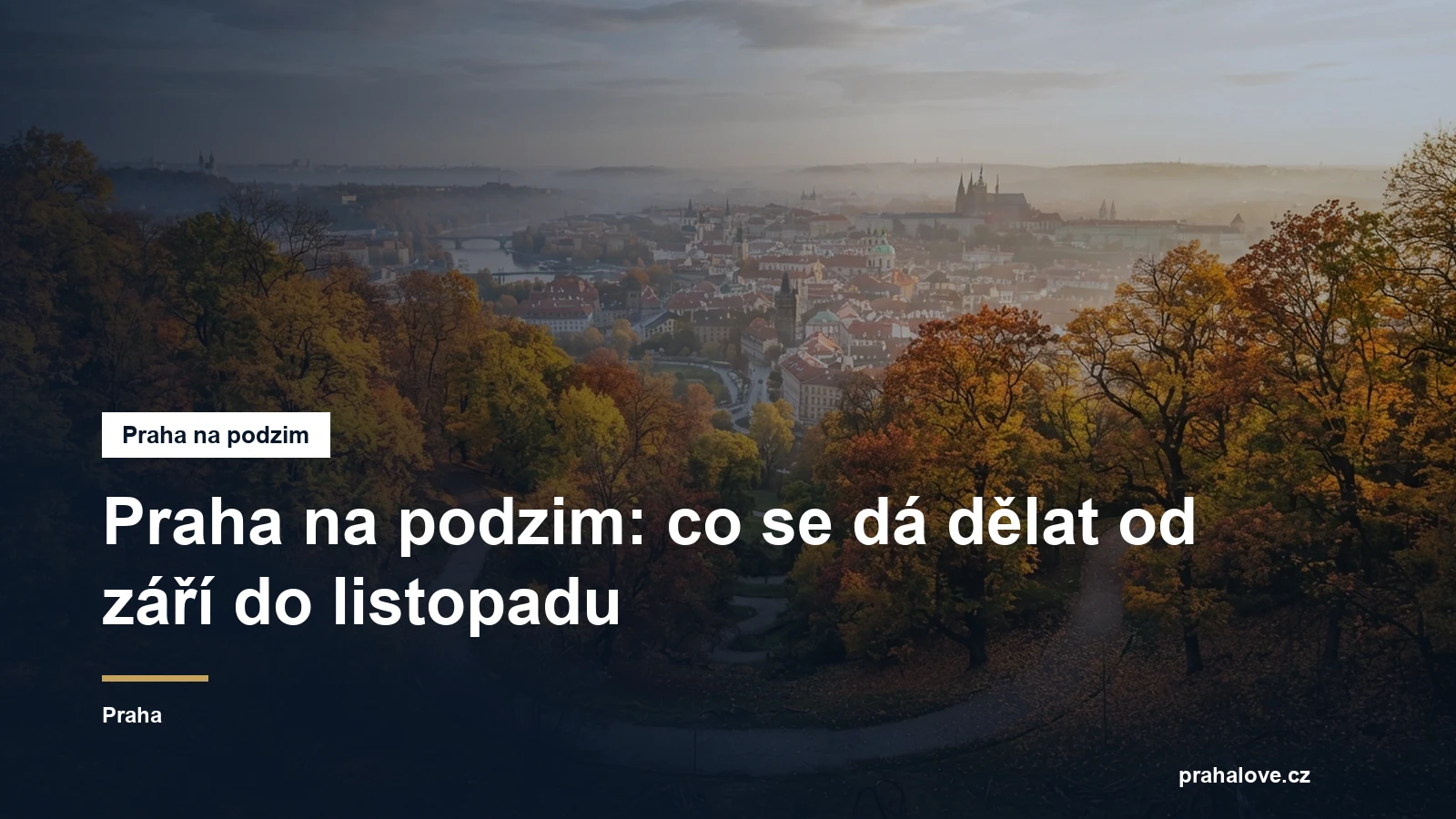 Podzimní park nad městem se žlutým listím a věžemi v pozadí