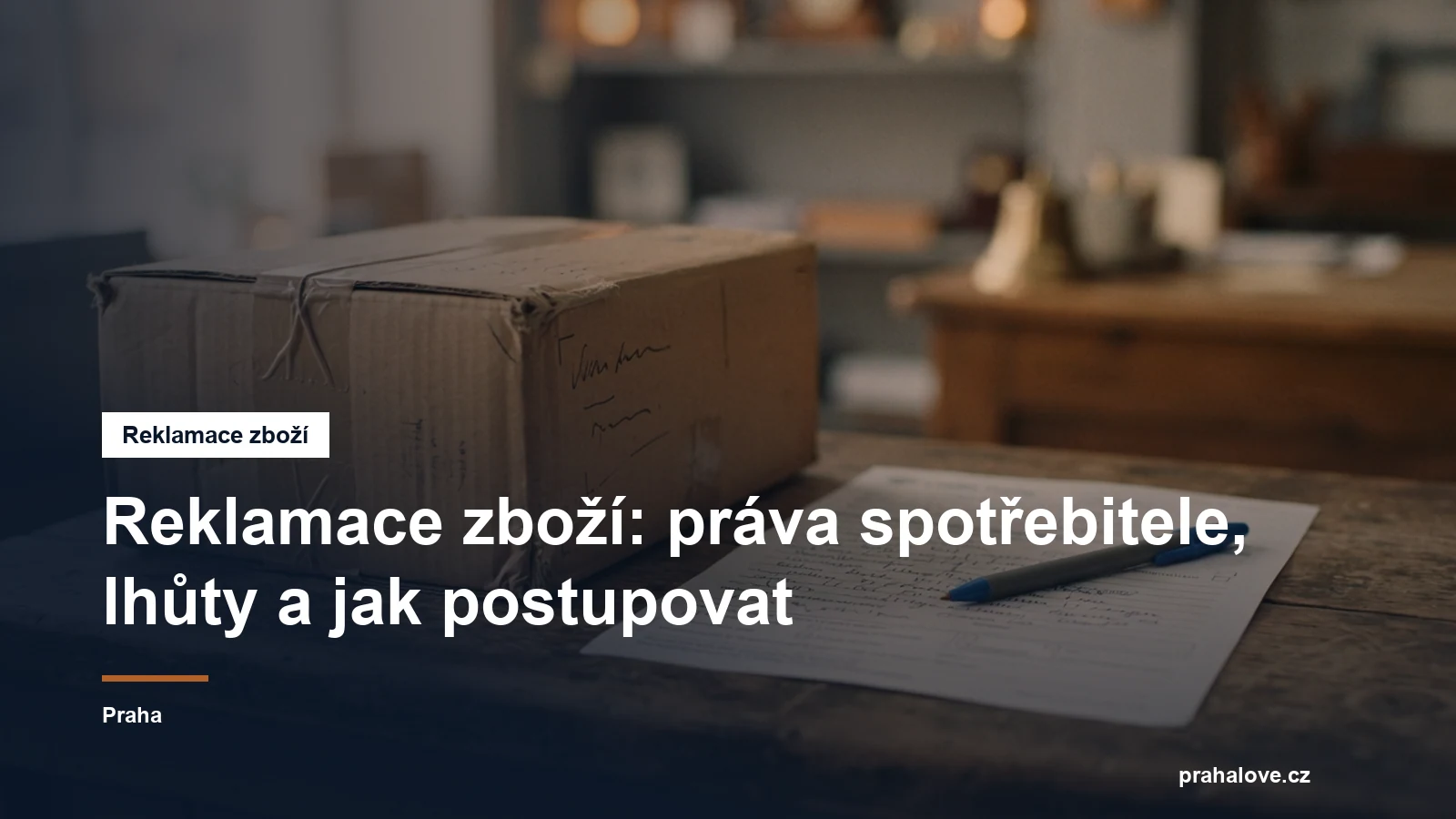 Kartonová krabice se zbožím a reklamační formulář na pultu