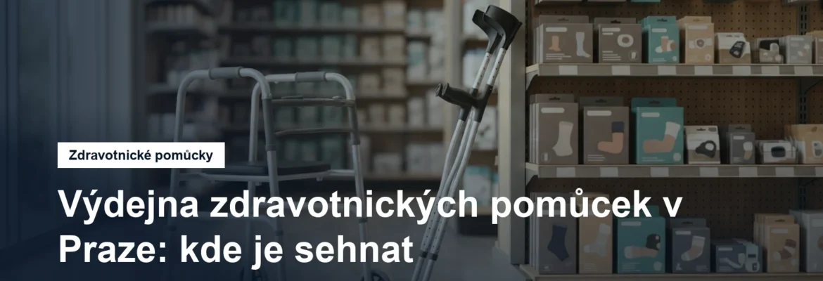 Chodítko a berle u regálu s pomůckami