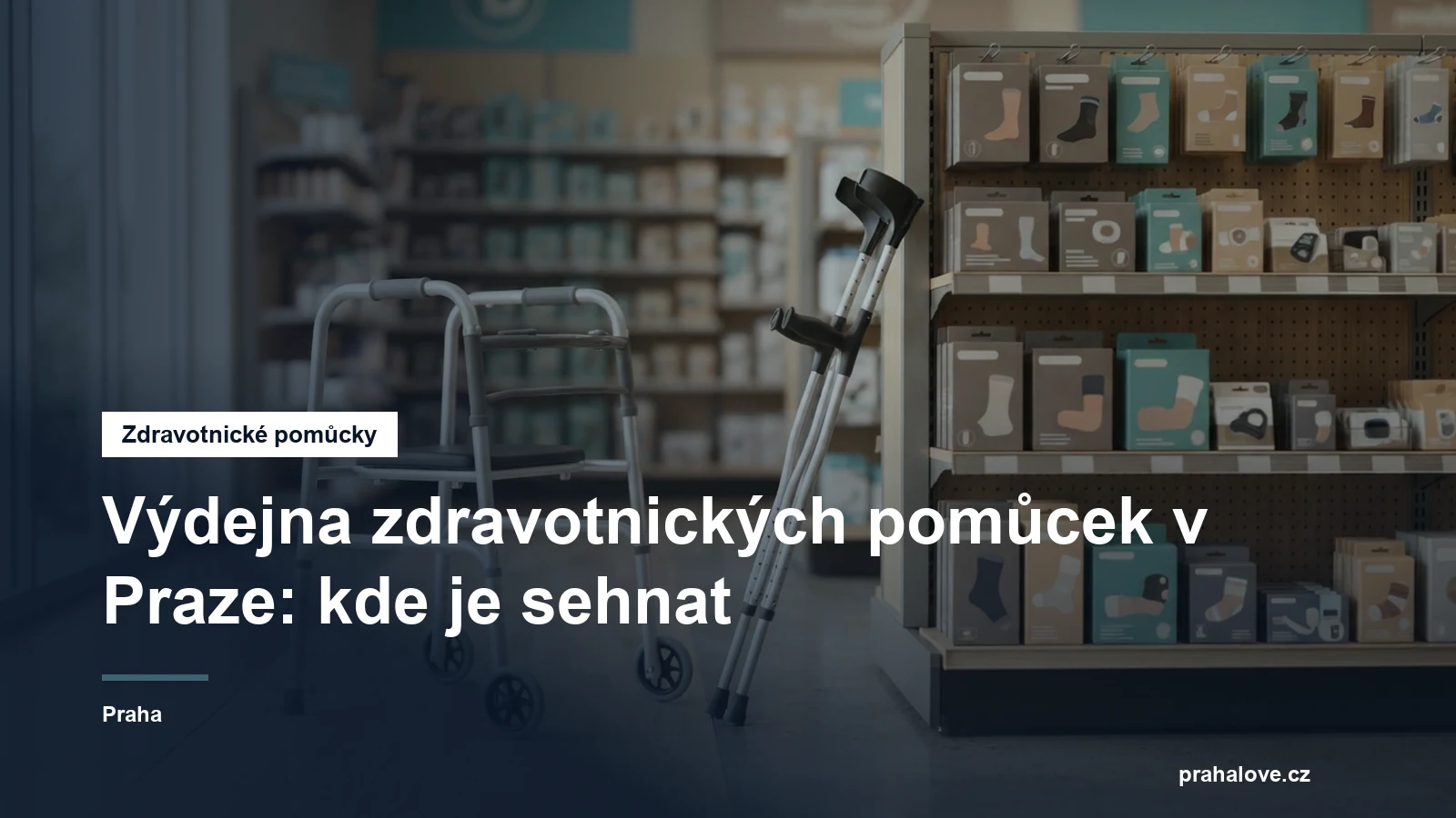 Chodítko a berle u regálu s pomůckami
