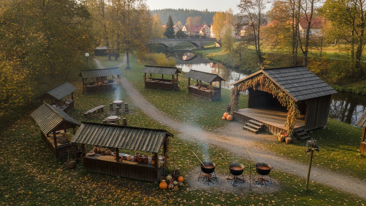 Vesnická slavnost v parku s dřevěnými přístřešky