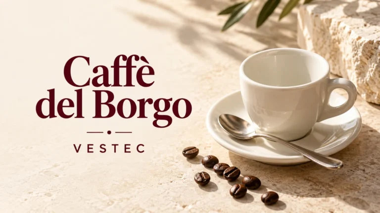 Porcelánový šálek, lžička a kávová zrna s názvem Caffè del Borgo, Vestec