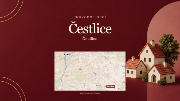 Čestlice, Čestlice – tematická AI ilustrace s orientační mapou obce vůči Praze