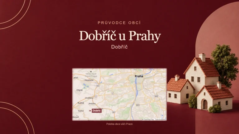 Dobříč u Prahy, Dobříč – tematická AI ilustrace s orientační mapou obce vůči Praze