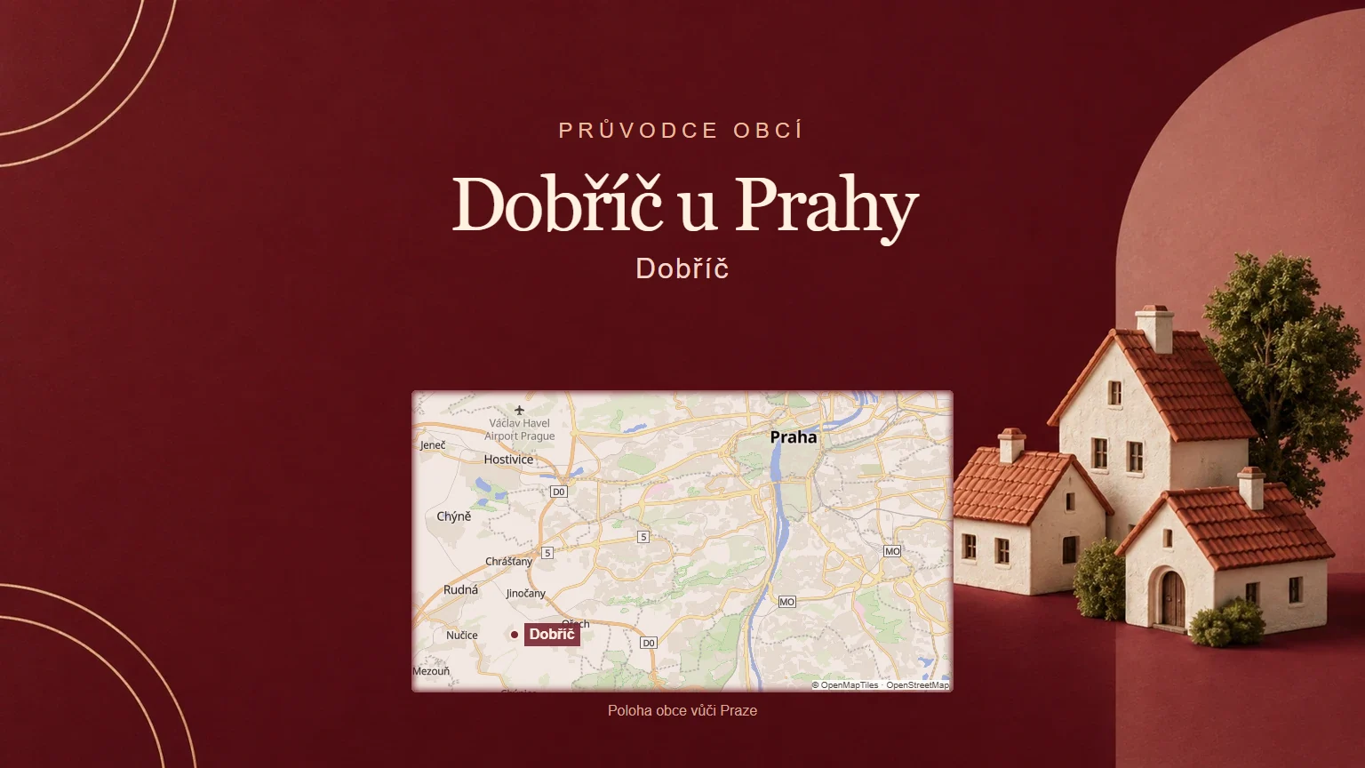 Dobříč u Prahy, Dobříč – tematická AI ilustrace s orientační mapou obce vůči Praze