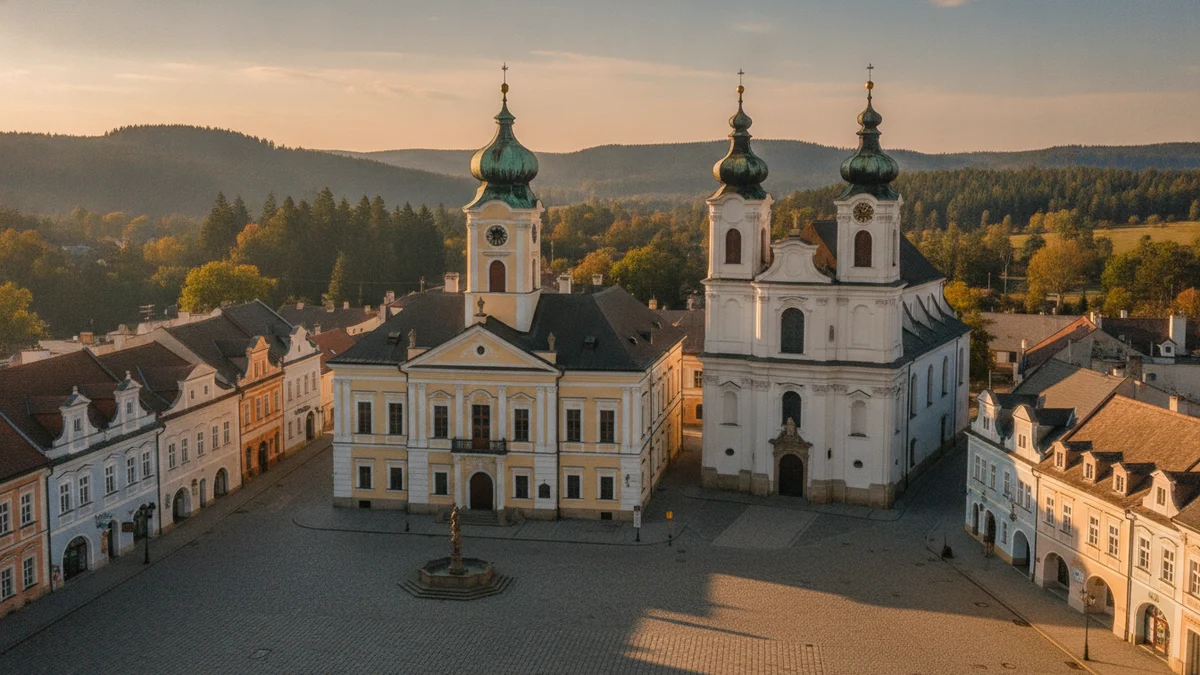 Náměstí malého středočeského města s kostelem