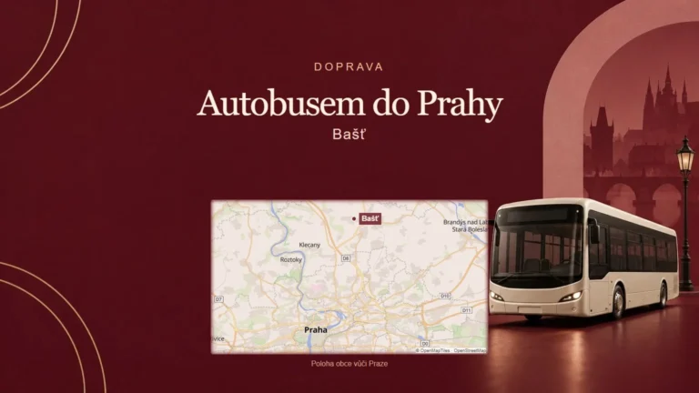 Autobusem do Prahy – Bašť, tematická AI ilustrace s orientační mapou obce vůči Praze