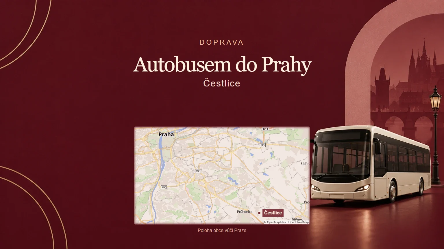 Autobusem do Prahy, Čestlice – tematická AI ilustrace s orientační mapou obce vůči Praze