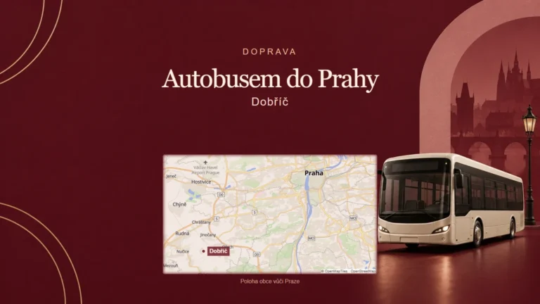 Autobusem do Prahy, Dobříč – tematická AI ilustrace s orientační mapou obce vůči Praze