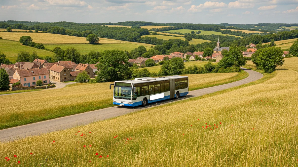 Příměstský autobus na silnici mezi vesnicemi