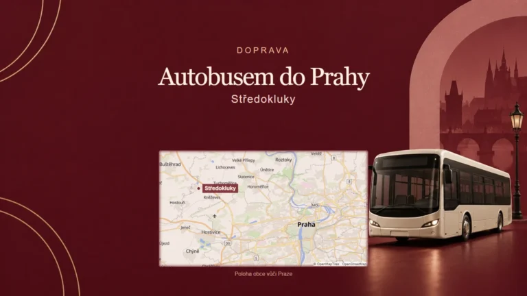 Autobusem do Prahy, Středokluky – tematická AI ilustrace s orientační mapou obce vůči Praze