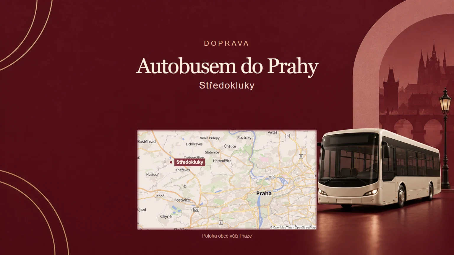Autobusem do Prahy, Středokluky – tematická AI ilustrace s orientační mapou obce vůči Praze