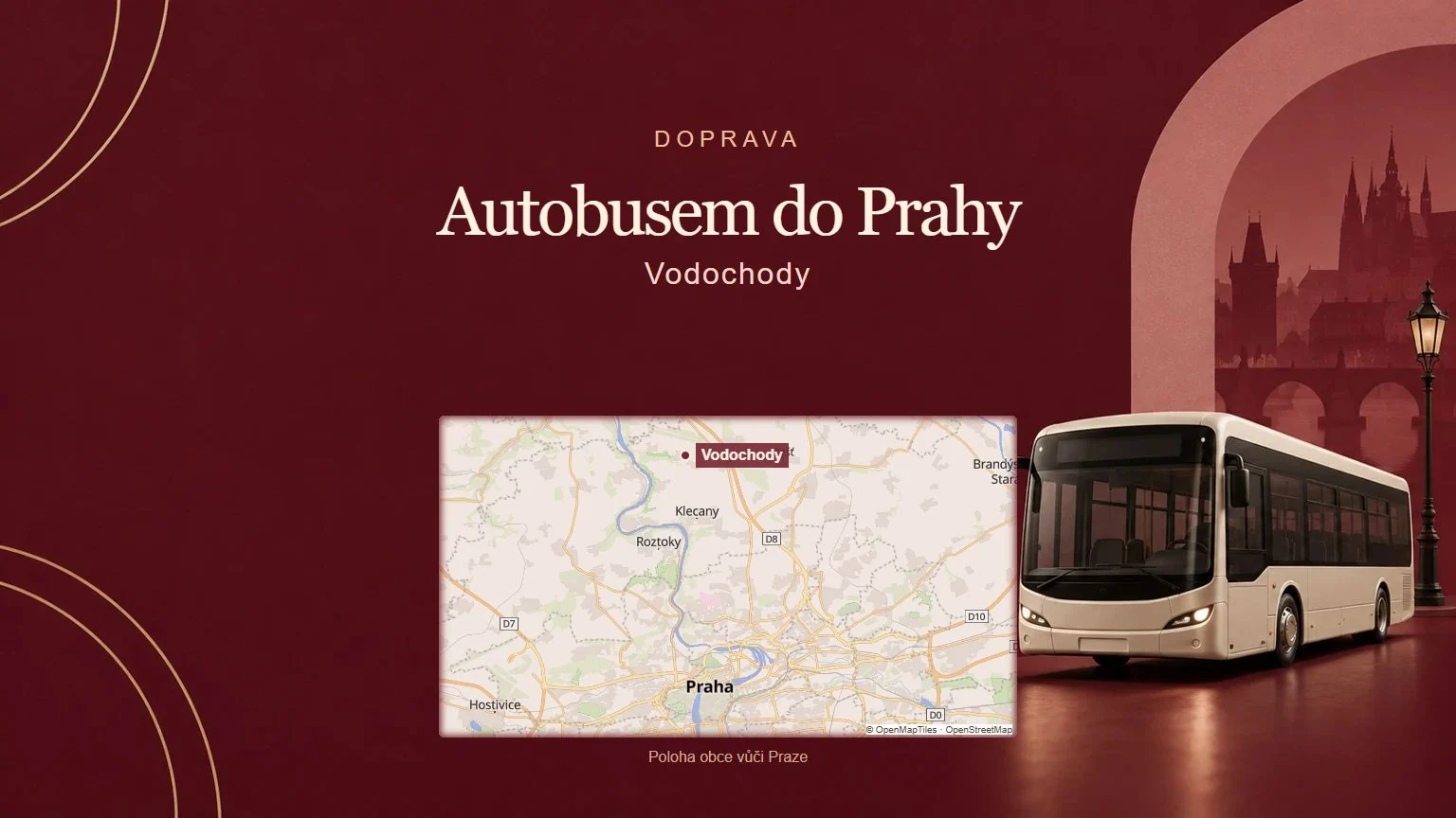 Autobusem do Prahy, Vodochody – tematická AI ilustrace s orientační mapou obce vůči Praze