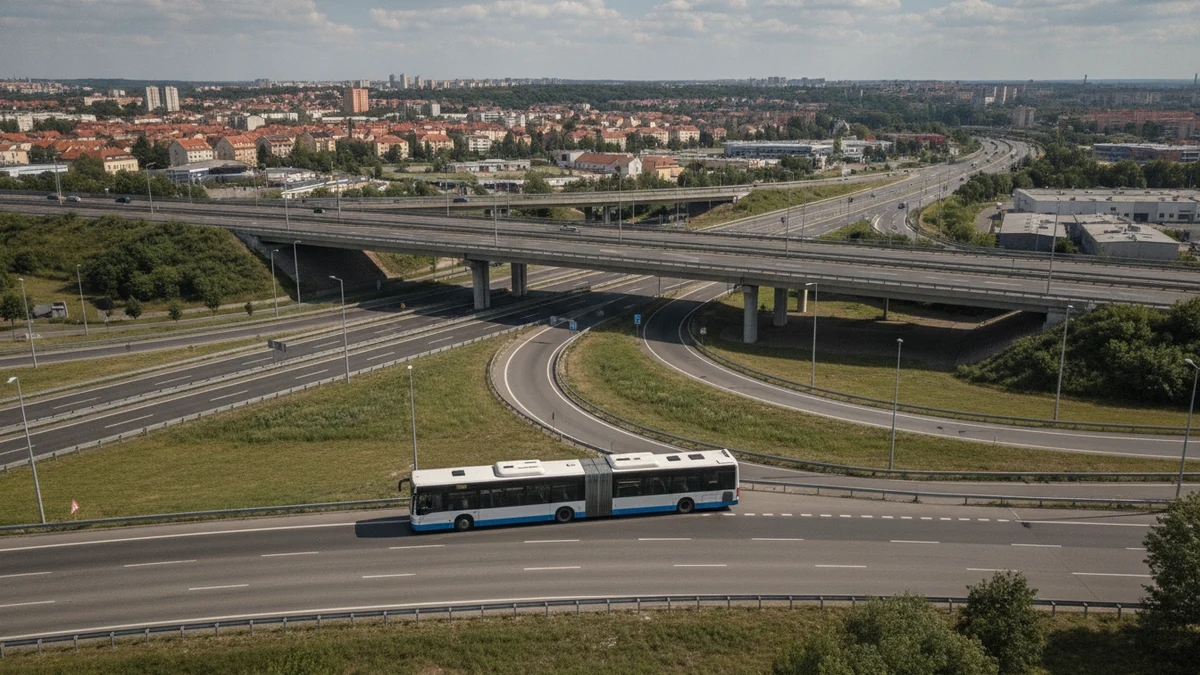 Příměstský autobus u dálnice na okraji Prahy