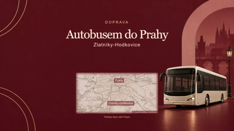 Autobusem do Prahy, Zlatníky-Hodkovice – tematická AI ilustrace s orientační mapou obce vůči Praze