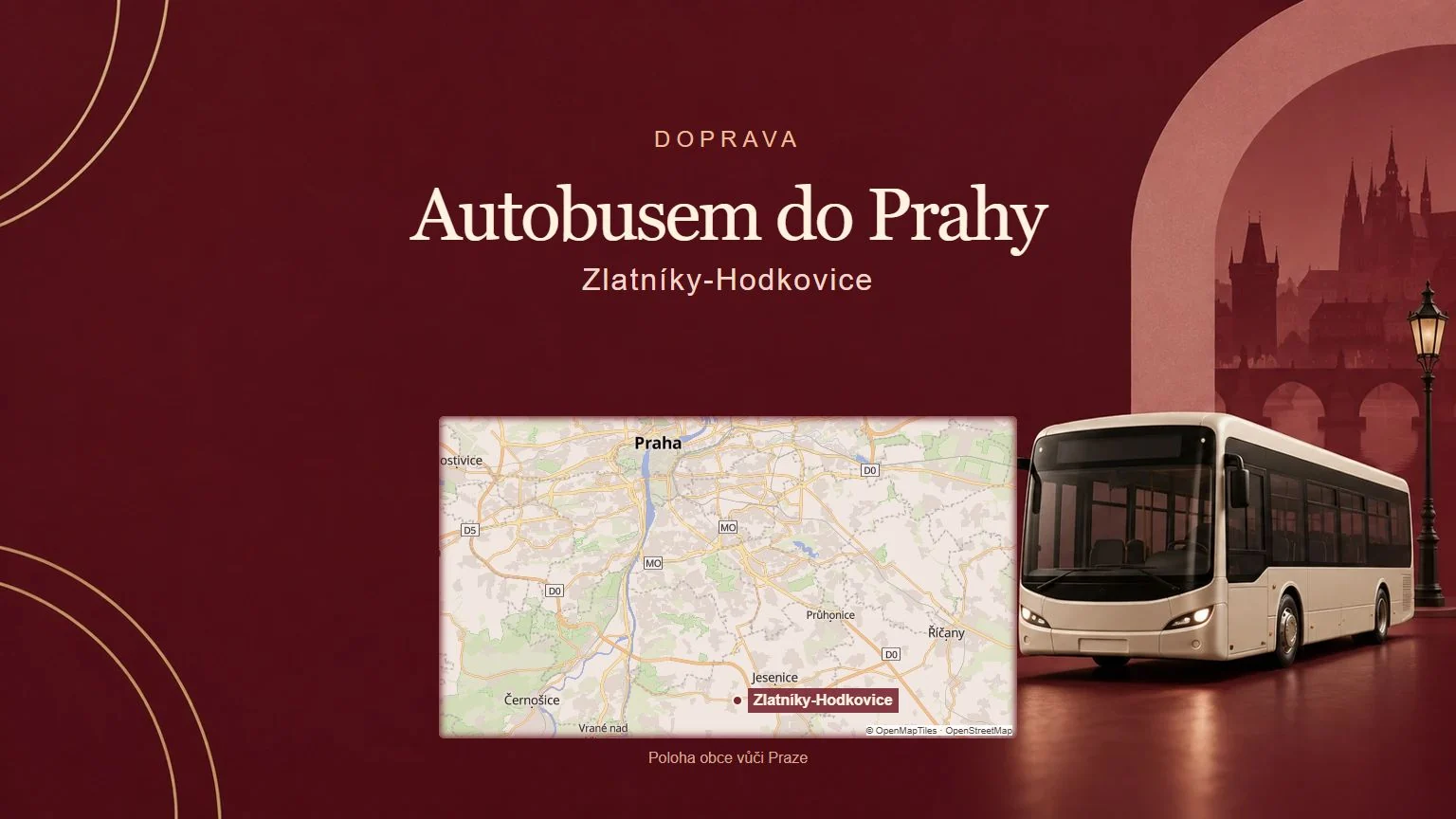 Autobusem do Prahy, Zlatníky-Hodkovice – tematická AI ilustrace s orientační mapou obce vůči Praze