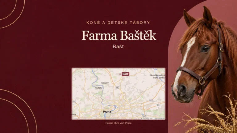 Farma Baštěk – Bašť, tematická AI ilustrace s orientační mapou obce vůči Praze