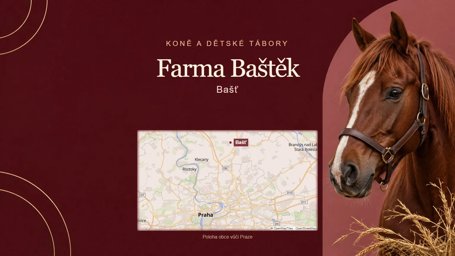 Farma Baštěk – Bašť, tematická AI ilustrace s orientační mapou obce vůči Praze
