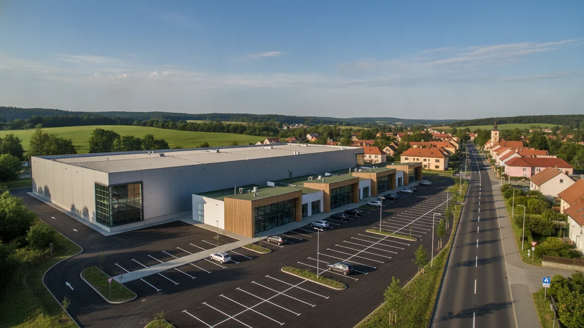 Obchodní a skladová zóna u silnice na okraji obce