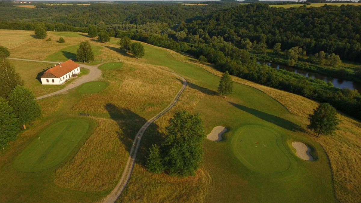 Malé golfové hřiště na kopci nad údolím řeky