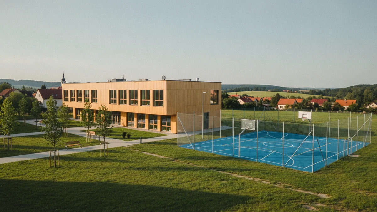 Moderní školní budova se hřištěm