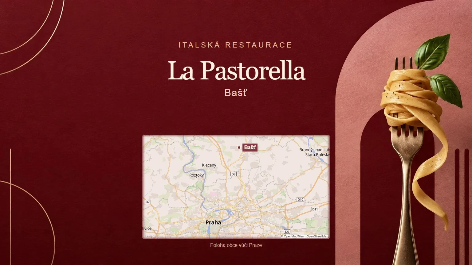 La Pastorella – Bašť, tematická AI ilustrace s orientační mapou obce vůči Praze