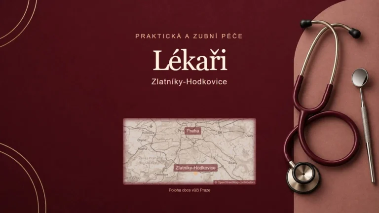 Lékaři, Zlatníky-Hodkovice – tematická AI ilustrace s orientační mapou obce vůči Praze