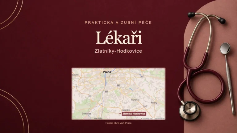 Lékaři, Zlatníky-Hodkovice – tematická AI ilustrace s orientační mapou obce vůči Praze