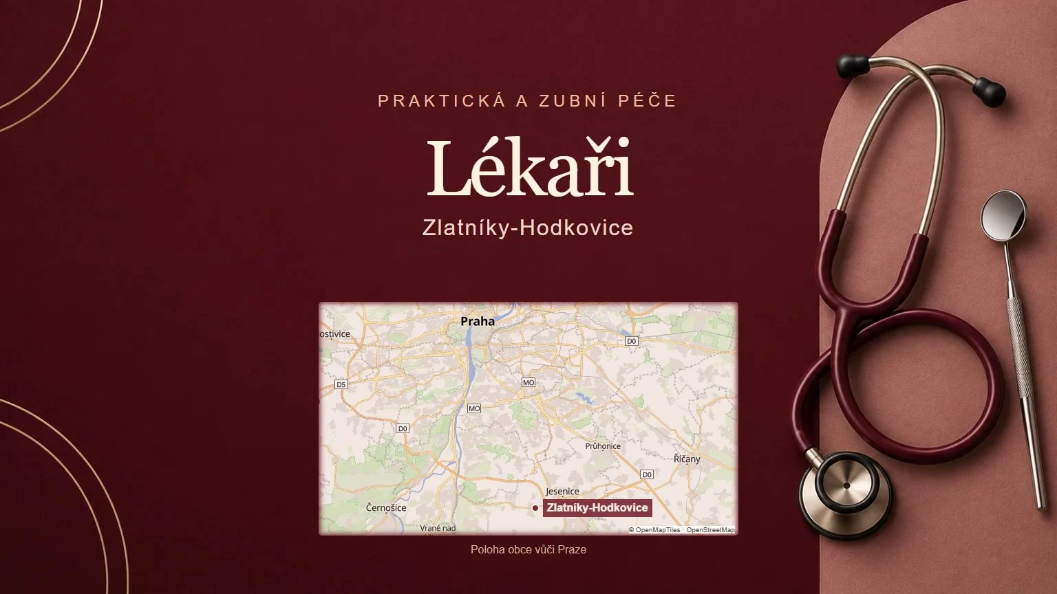 Lékaři, Zlatníky-Hodkovice – tematická AI ilustrace s orientační mapou obce vůči Praze