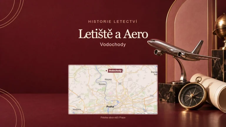 Letiště a Aero, Vodochody – tematická AI ilustrace s orientační mapou obce vůči Praze