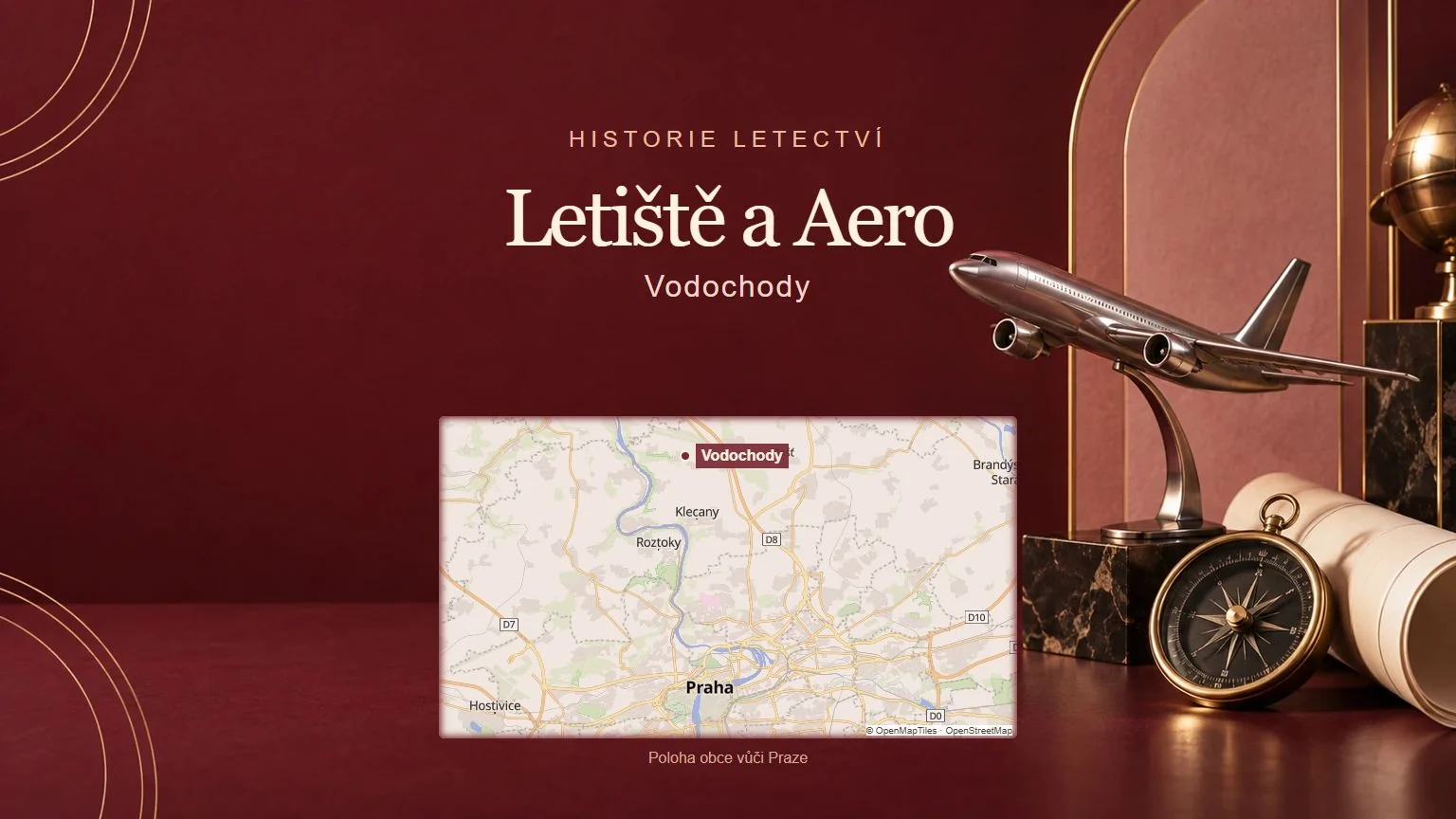 Letiště a Aero, Vodochody – tematická AI ilustrace s orientační mapou obce vůči Praze