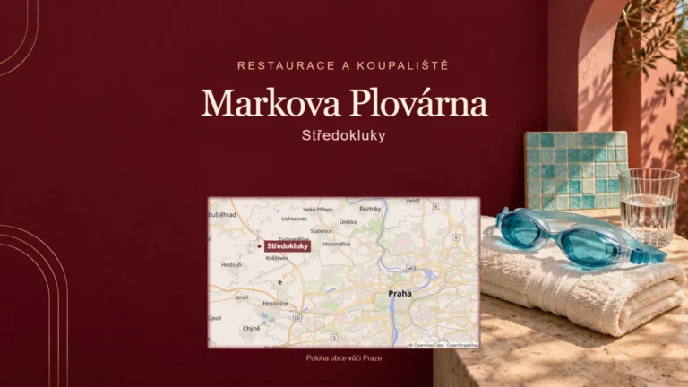 Markova Plovárna, Středokluky – tematická AI ilustrace s orientační mapou obce vůči Praze