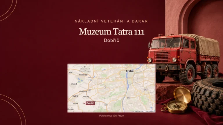 Muzeum Tatra 111, Dobříč – tematická AI ilustrace s orientační mapou obce vůči Praze