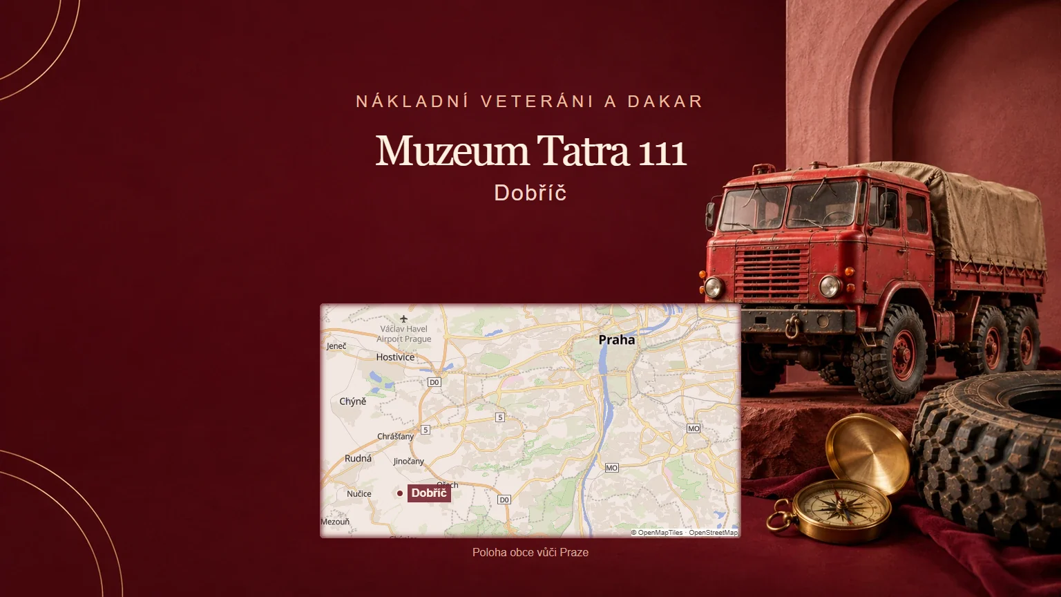 Muzeum Tatra 111, Dobříč – tematická AI ilustrace s orientační mapou obce vůči Praze