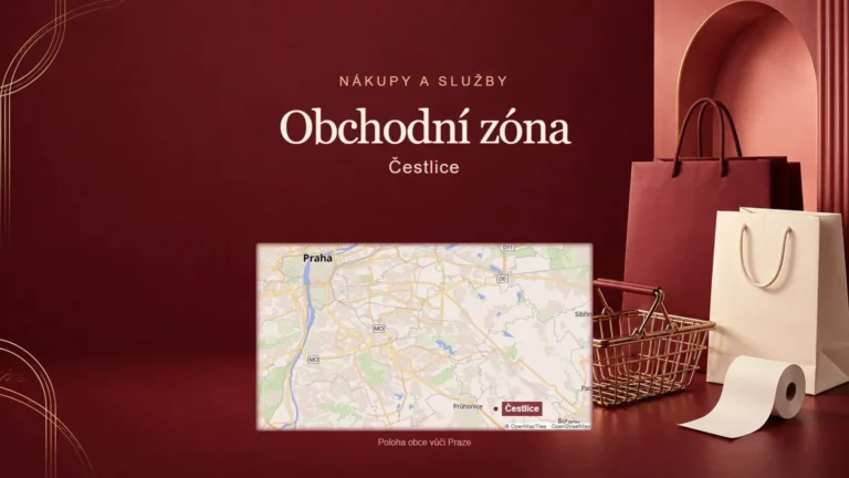 Obchodní zóna, Čestlice – tematická AI ilustrace s orientační mapou obce vůči Praze