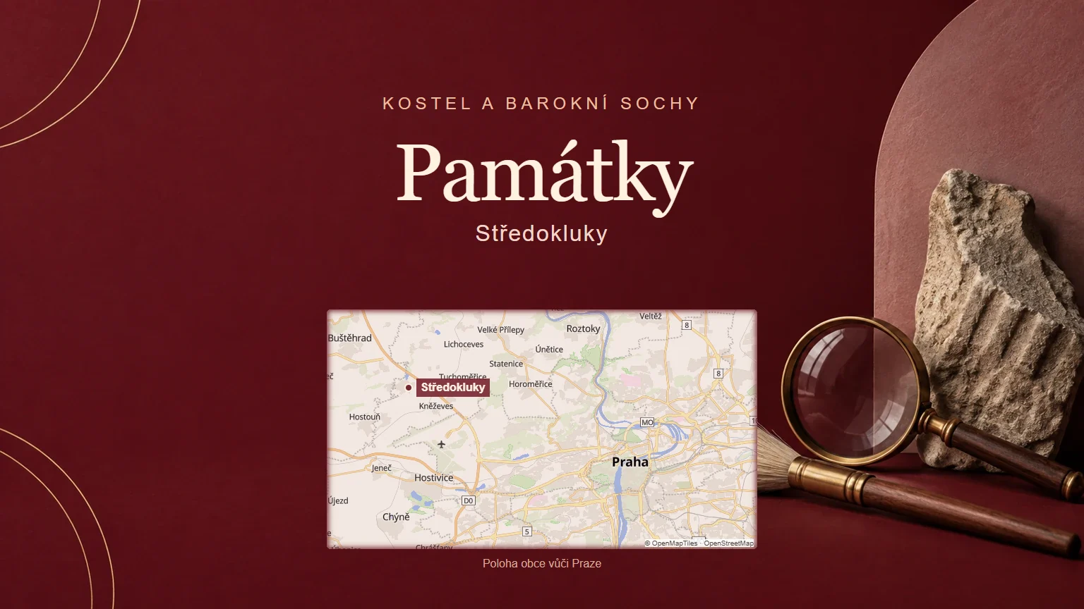 Památky, Středokluky – tematická AI ilustrace s orientační mapou obce vůči Praze