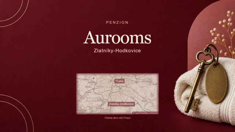 Aurooms, Zlatníky-Hodkovice – tematická AI ilustrace s orientační mapou obce vůči Praze