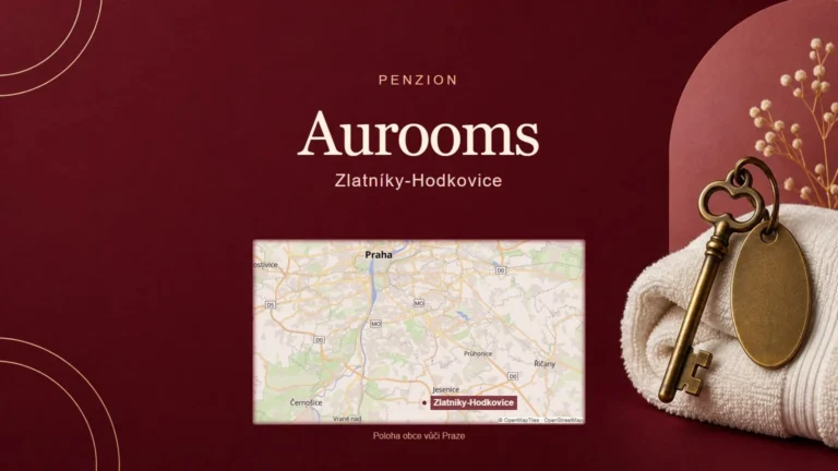 Aurooms, Zlatníky-Hodkovice – tematická AI ilustrace s orientační mapou obce vůči Praze