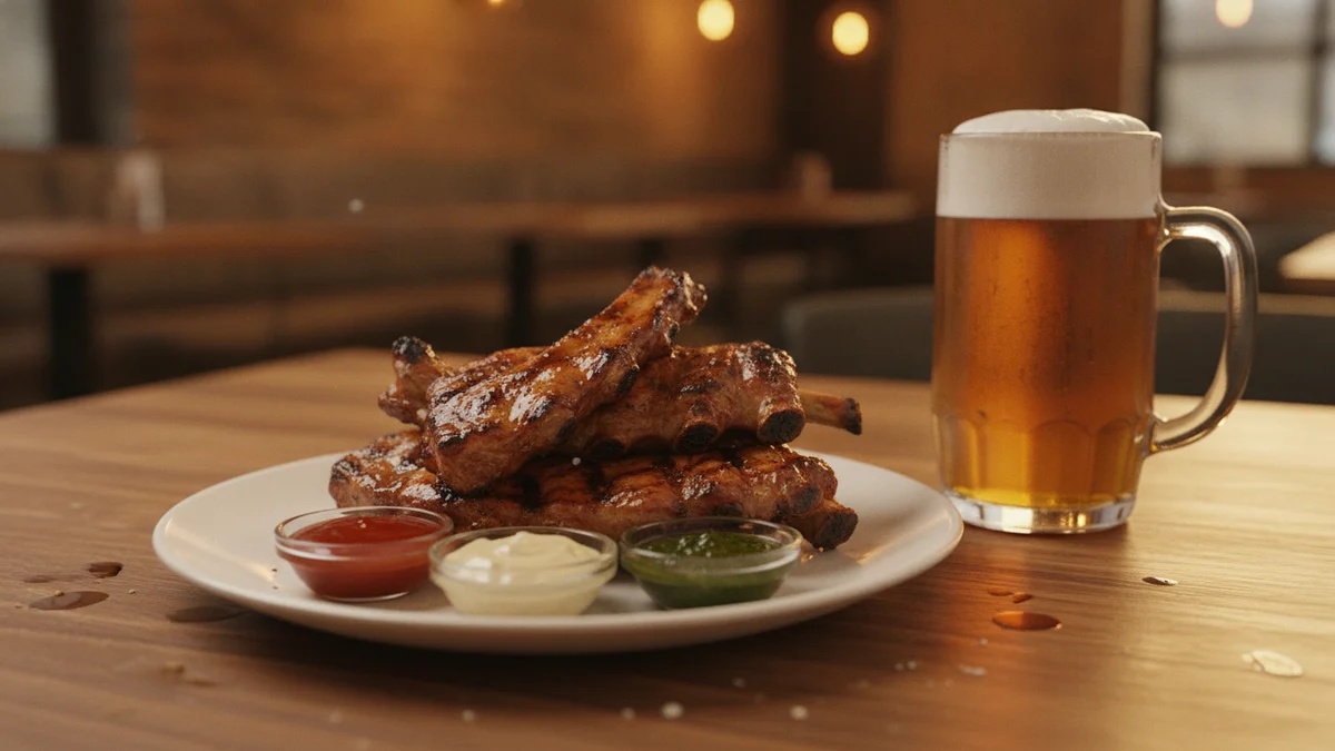 Grilované maso a pivo na stole v restauraci