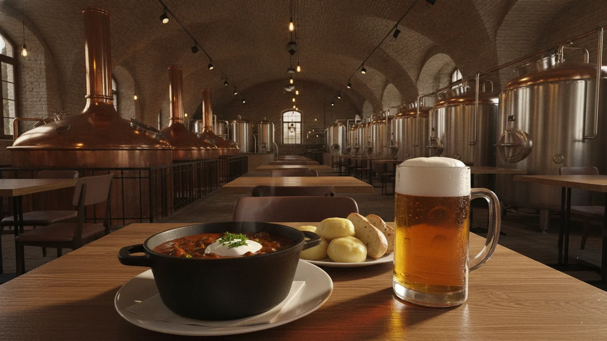 Pivovarská restaurace s pivem a gulášem